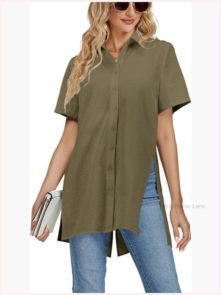Collar V Neck Split Hem Button Down Short Sleeve Long Shirt Blouse Tunic Top